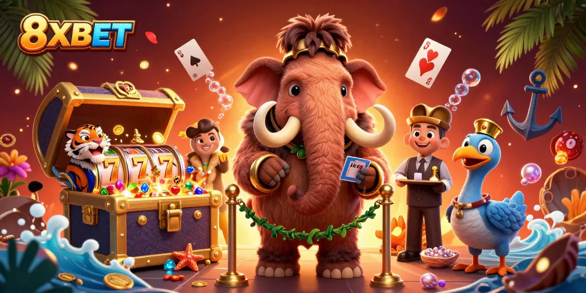 Engage in exciting gameplay at 8XBET with a vibrant casino scene featuring animated characters and dynamic game elements.