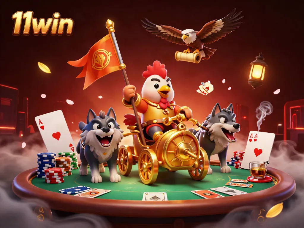 Experience thrilling action with 11win, as the rooster warlord leads a gambling adventure filled with poker excitement.