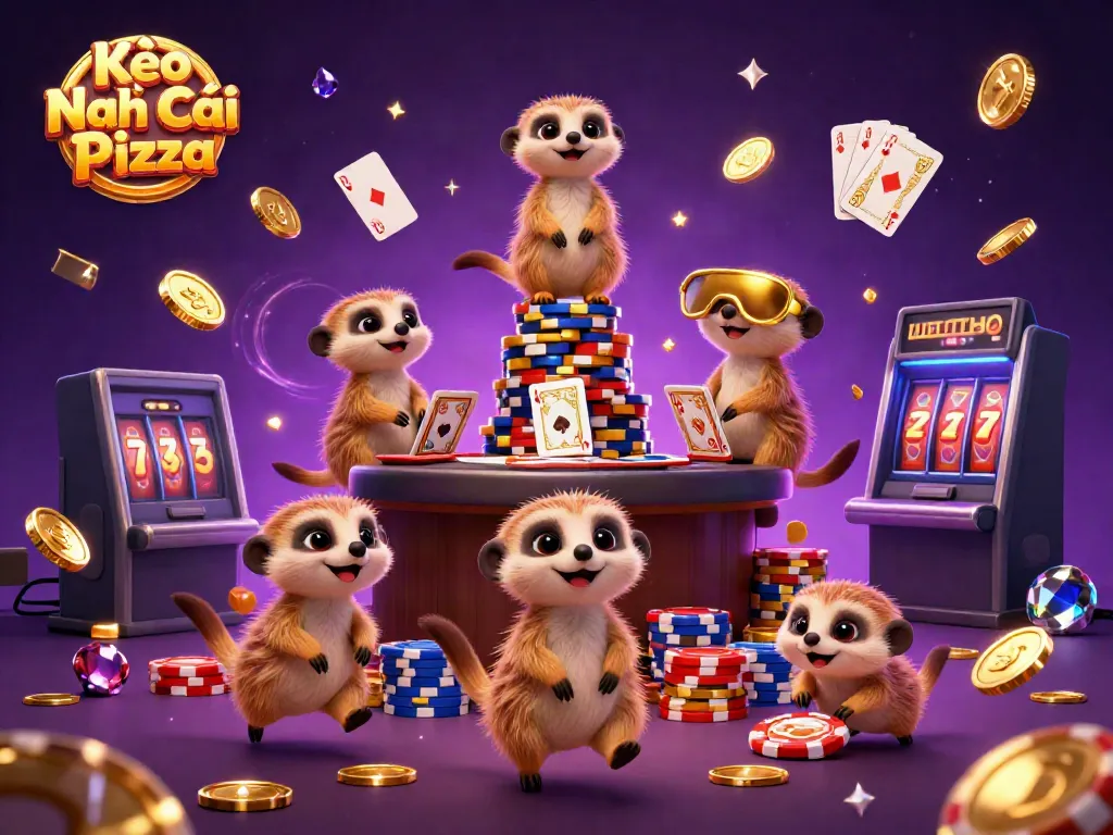 Kèo Nhà Cái Pizza dynamic 3D casino scene with meerkats, gold coins, and colorful poker chips.