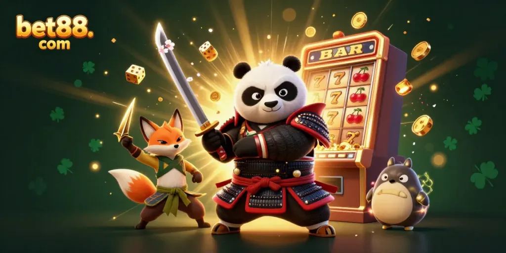 Win big at bet88. com with an exciting 3D scene featuring gaming characters and a jackpot.