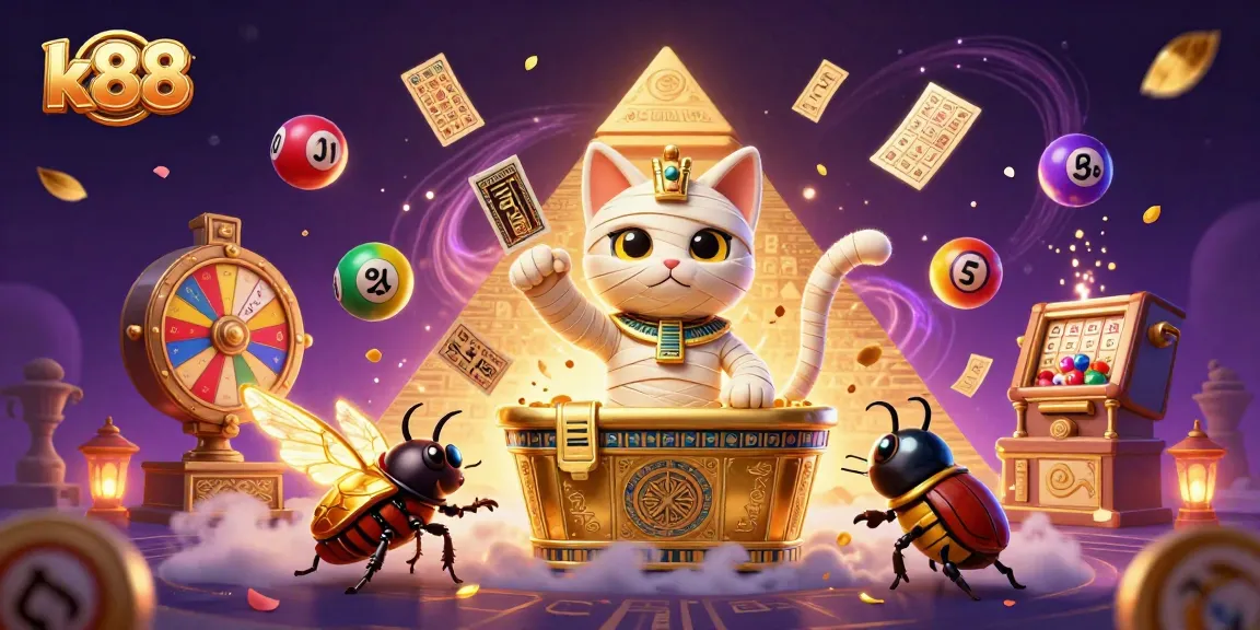 Engage with k88’s thrilling lottery experience featuring dynamic colorful elements and a captivating mummy cat scene.