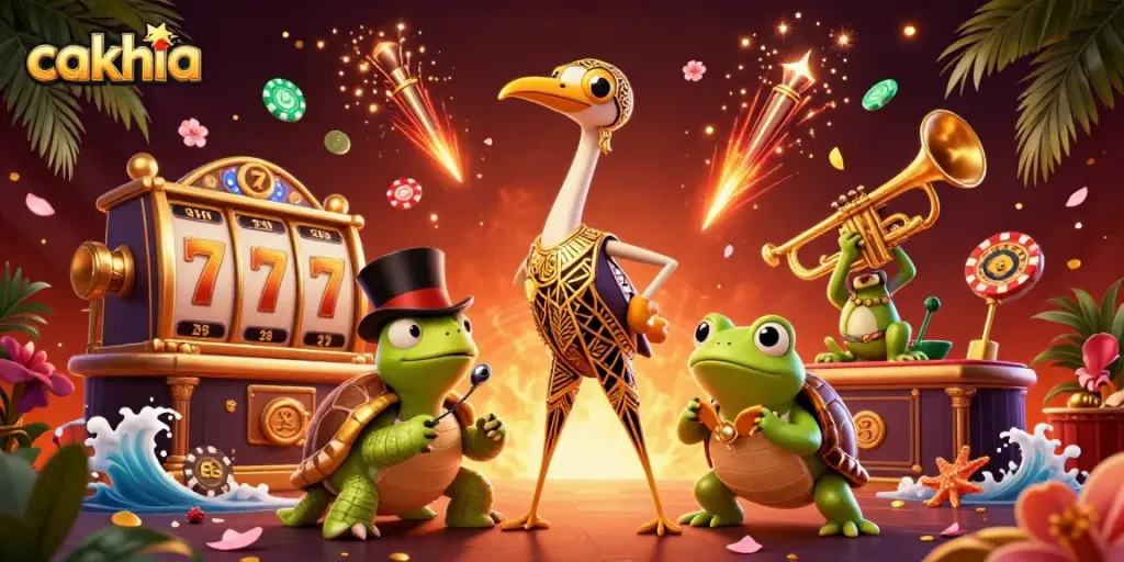 Cakhia delivers immersive gaming vibes with a lively casino scene featuring vibrant characters, slots, and poker elements.