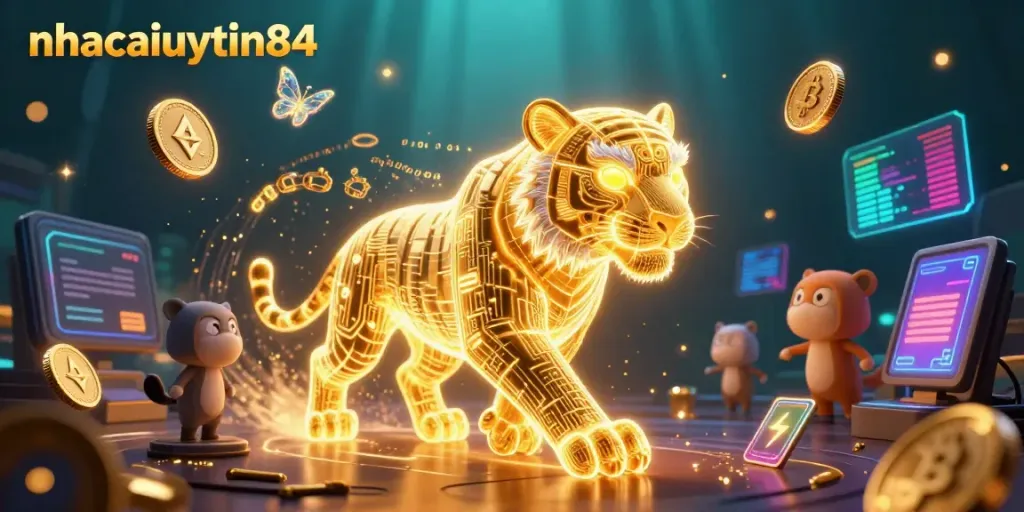 Experience the digital casino adventure in 2026 with nhacaiuytin84's vibrant 3D illustration featuring a golden tiger and cryptocurrency.