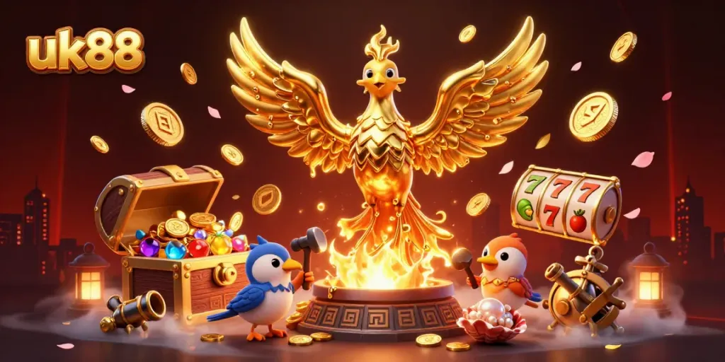 Experience the thrill of winning at uk88, featuring a golden phoenix and slot game elements in an exhilarating casino scene.