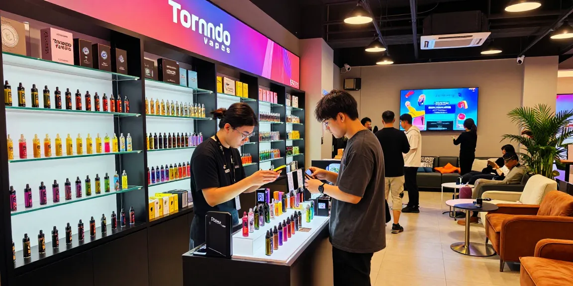 Tornado Vape Online Shop mit vielfältigen Vapes und freundlichem Service in einladender Atmosphäre.