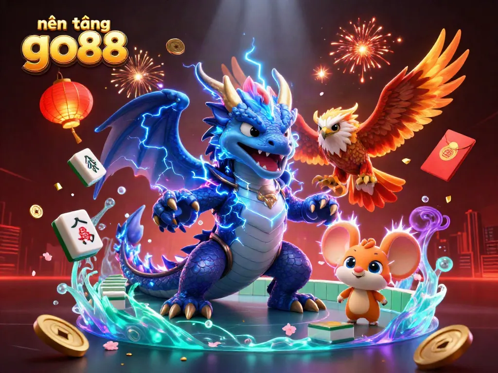Engage with nền tảng go88's dynamic gaming scene featuring legendary creatures and festive elements.