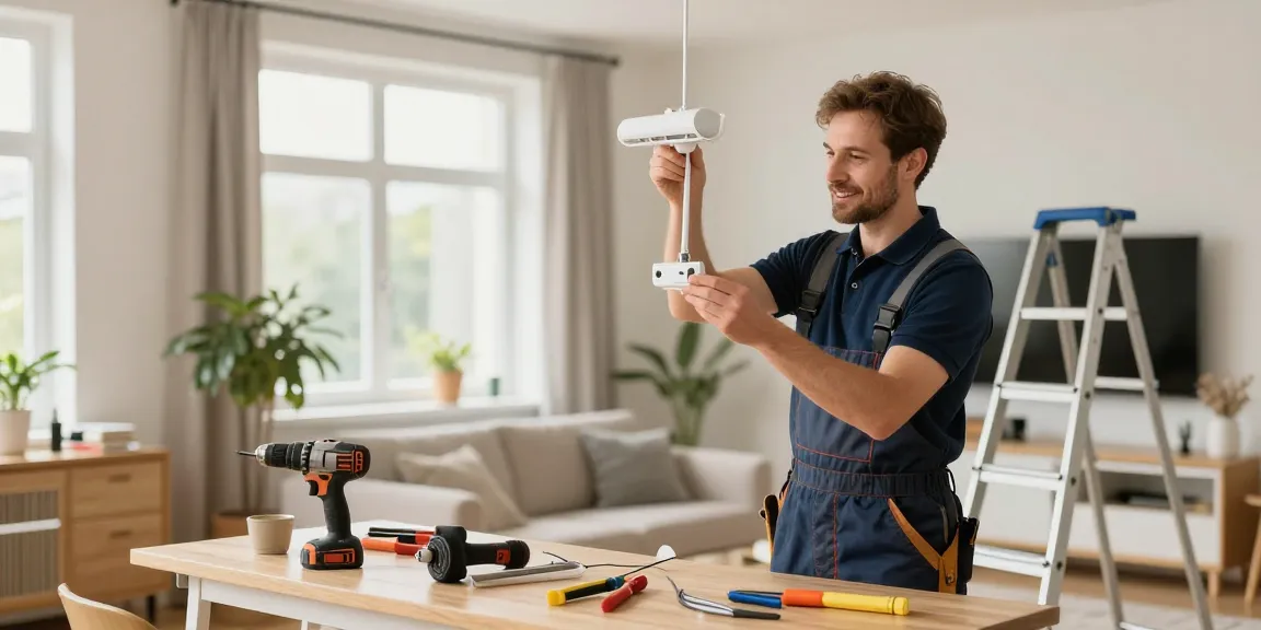 Günstiger Elektriker in Dortmund bei der Installation von Licht fixtures in einem modernen Wohnzimmer, zeigt zuverlässige Elektroinstallation.