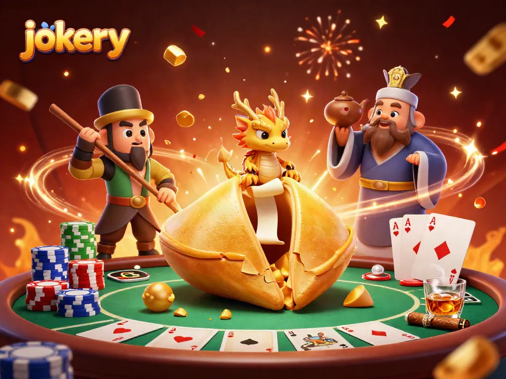 Experience exciting jokery battles with a dynamic casino scene full of colorful poker elements and characters.