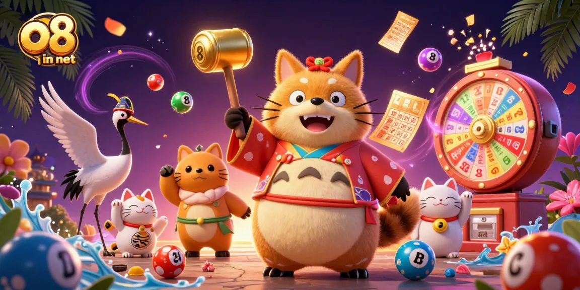 Join the fun at o8 in net with colorful lottery balls, cheerful tanuki, and dynamic gaming elements.
