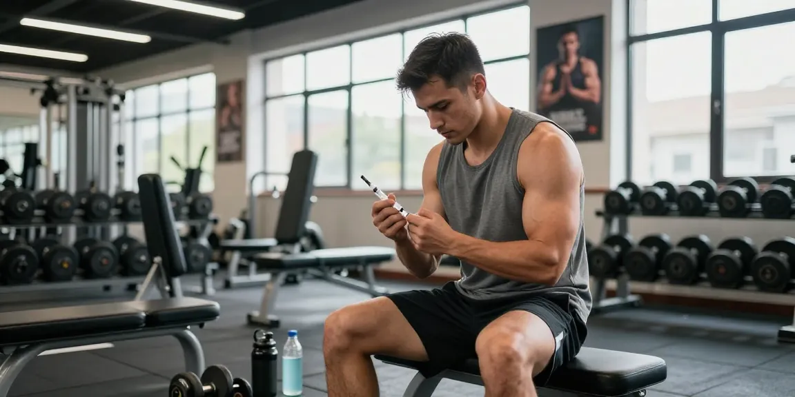Anabolika-Shop-Szene eines fokussierten Bodybuilders, der sich in einer lebhaften Fitnessumgebung auf eine Steroidinjektion vorbereitet.