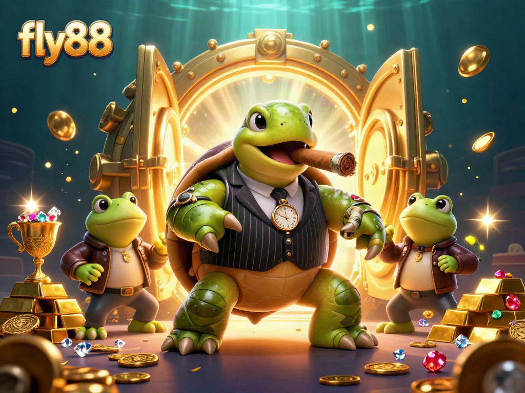 Engage with fly88's vibrant casino atmosphere featuring a snapping turtle and bullfrogs.