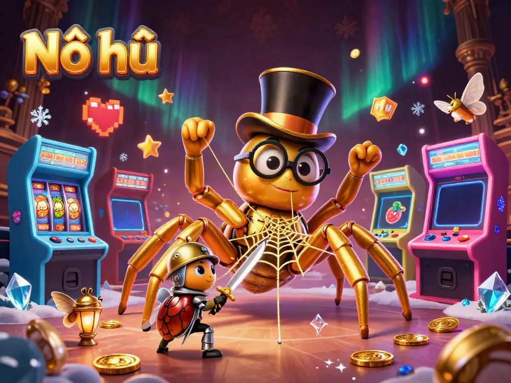 Nổ hũ gameplay featuring a giant tarantula and beetle knight amidst vibrant casino elements for thrilling slots action.