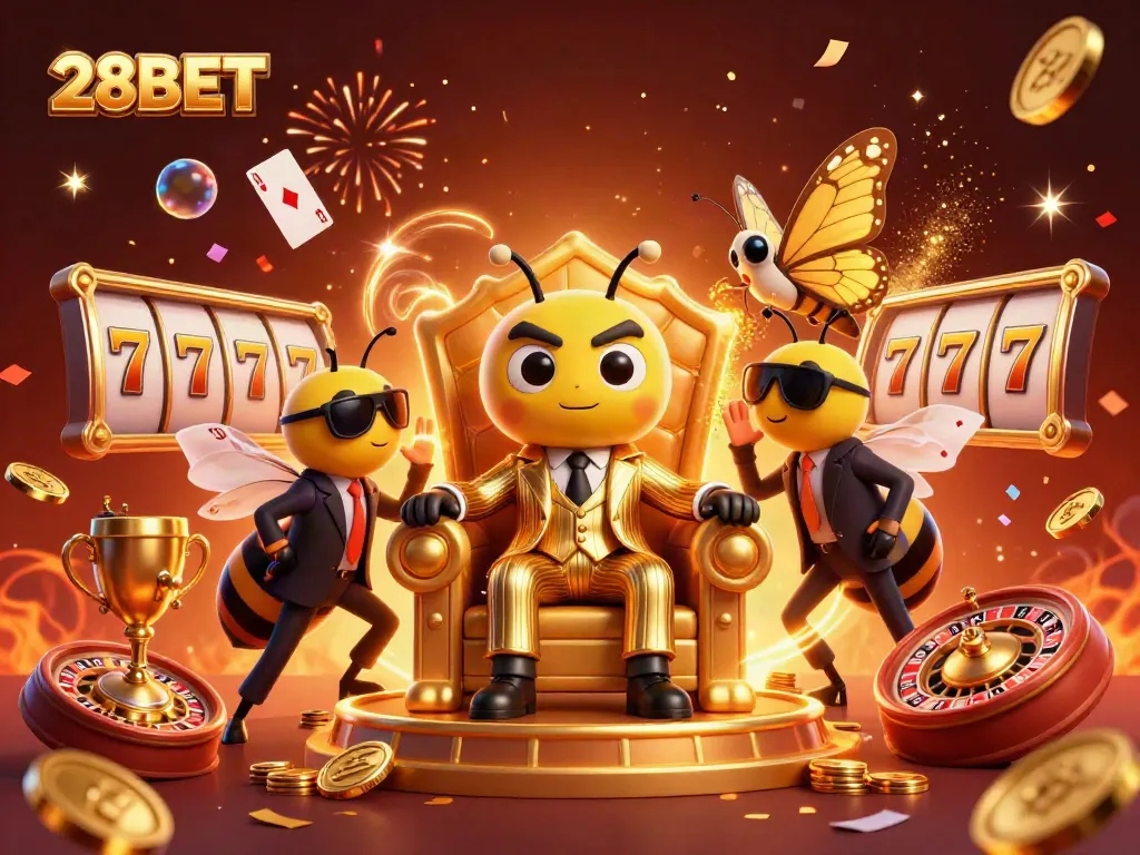 Engage in thrilling casino action with 28BET's lively scene featuring high-stakes slots and floating cards.