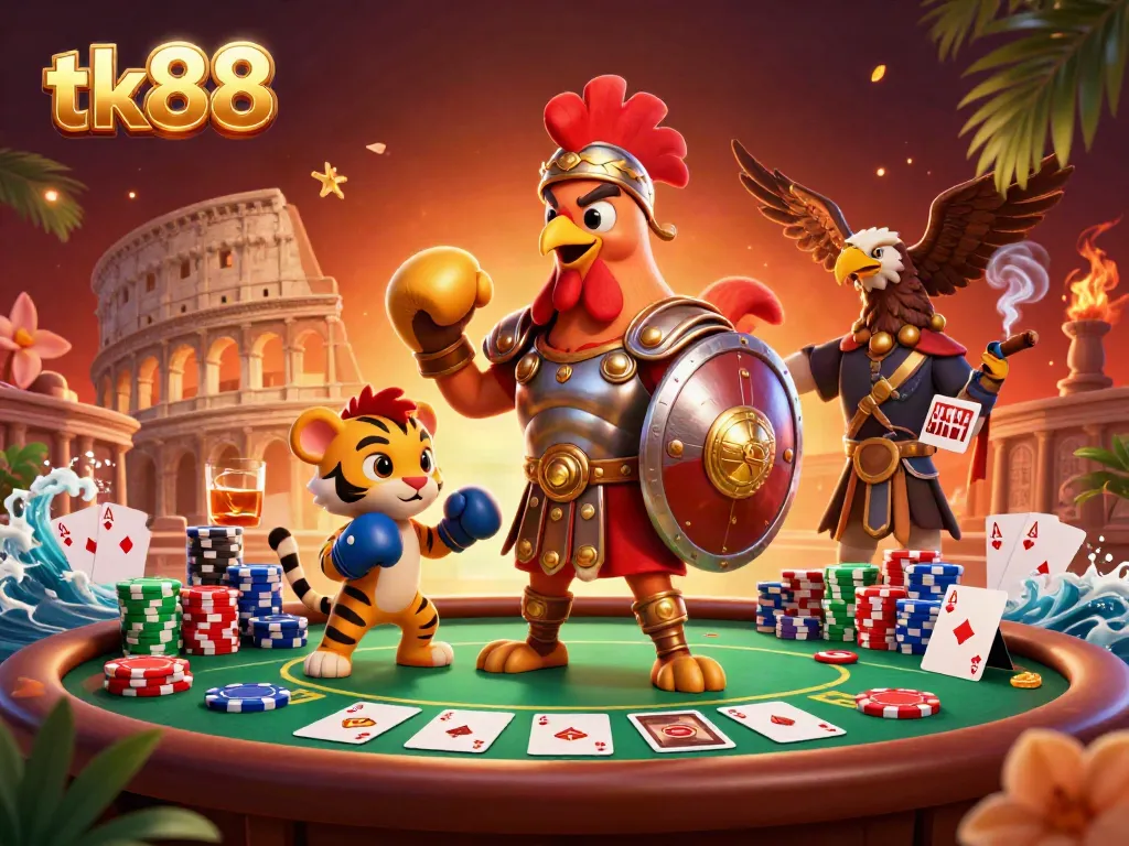 Experience excitement at tk88 with a dynamic scene of a casino-themed gladiator rooster and tiger cub.