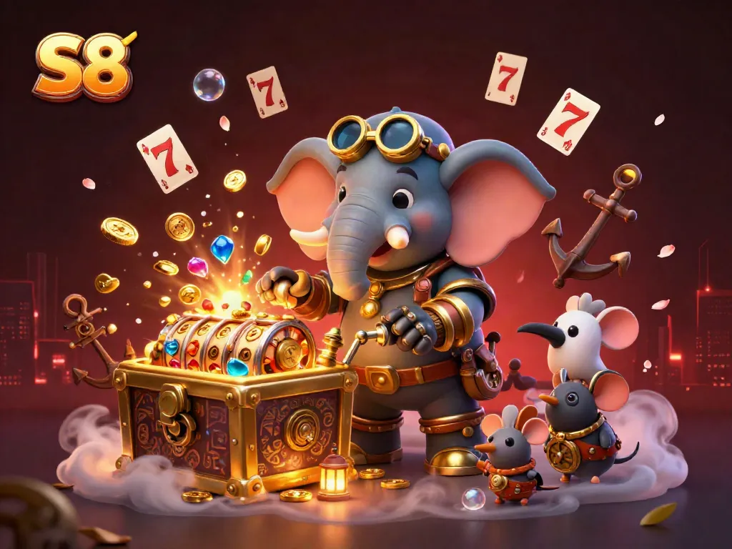 S8's steampunk elephant engineer operating a golden slot machine, surrounded by colorful gems and slot elements.