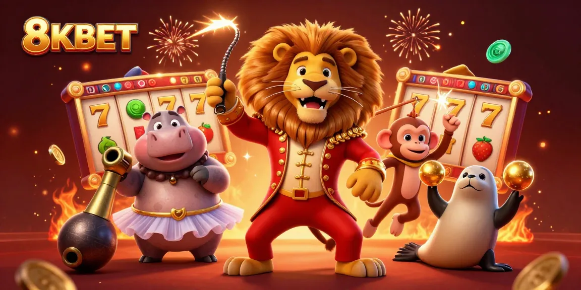 Engage with thrilling games on 8KBET featuring dynamic circus elements and slot symbols.