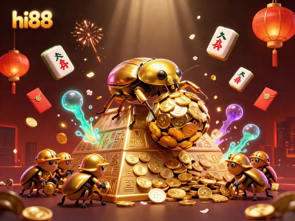 Engage in gaming excitement at hi88 with golden beetles rolling coins and vibrant casino symbols.