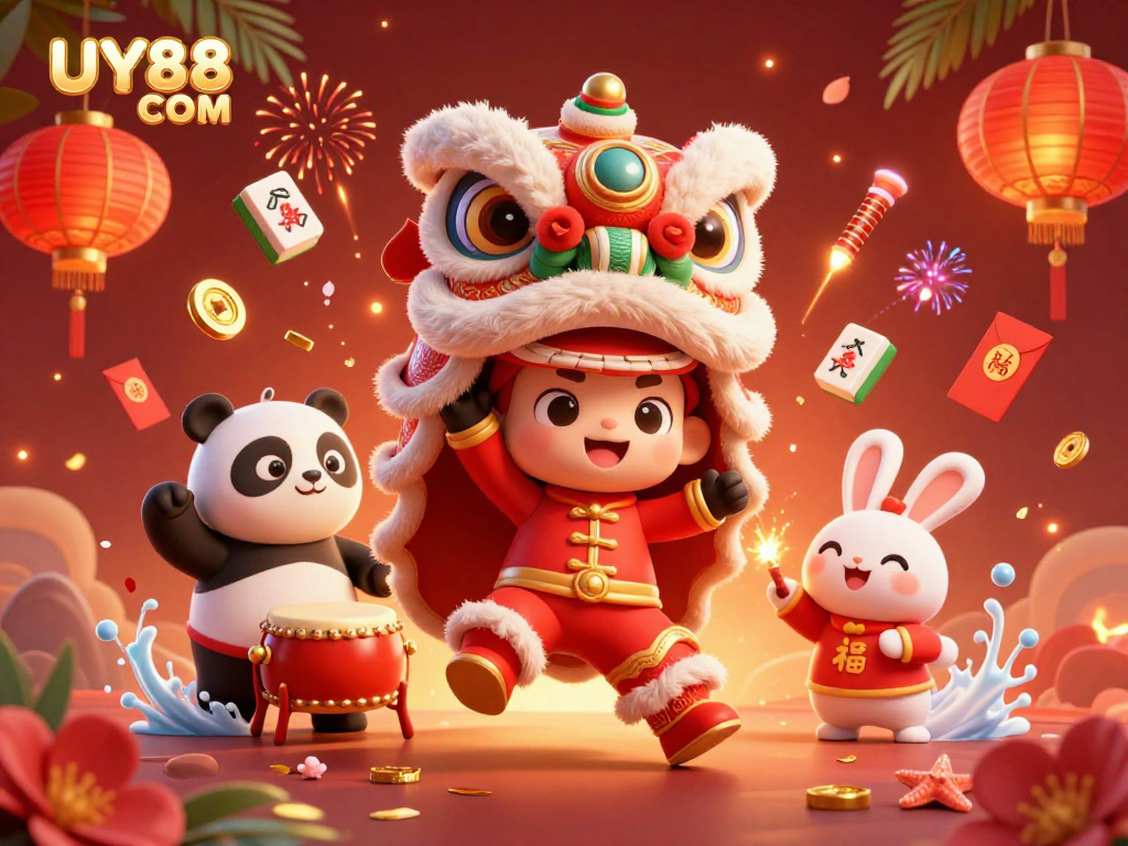 Experience the excitement of UY88 COM with dynamic lion dance, drumming panda, and festive elements.