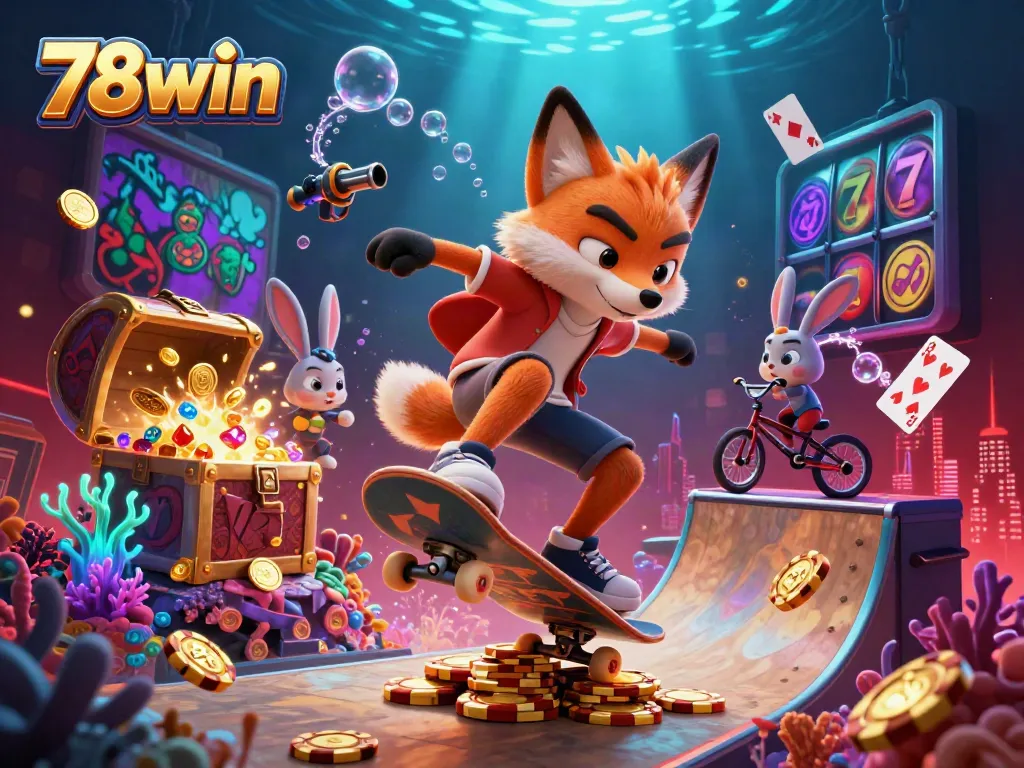 A dynamic scene showcasing a skateboarder fox and BMX-riding rabbit amid vibrant casino-themed elements, embodying the essence of 78win.