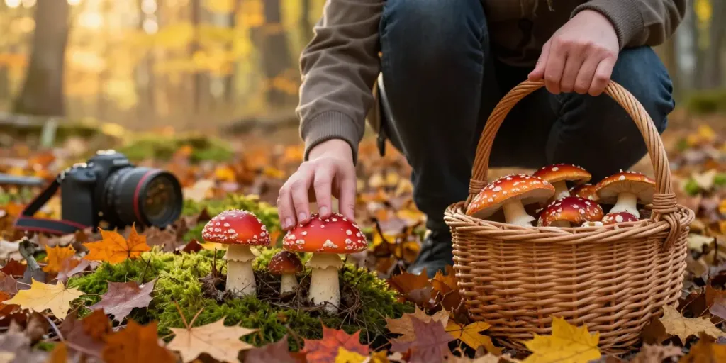 Fliegenpilz kaufen: Person sammelt Amanita Muscaria in herbstlichem Wald.