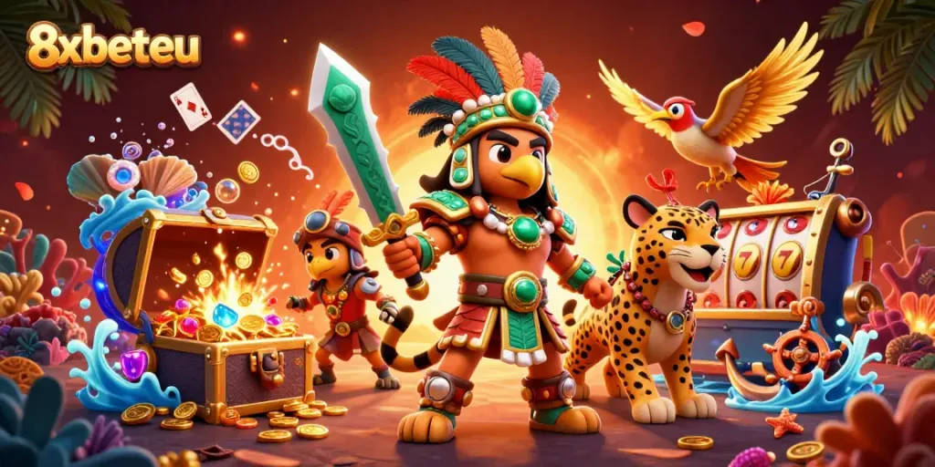 Experience the excitement of 8xbeteu with vibrant 3D characters and casino elements in a rich digital illustration.