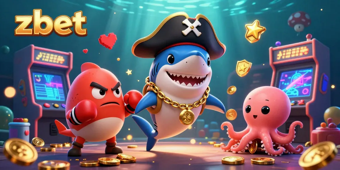 Engage with vibrant zbet gaming elements featuring a fun pirate shark, pufferfish, and octopus in a dynamic casino scene.